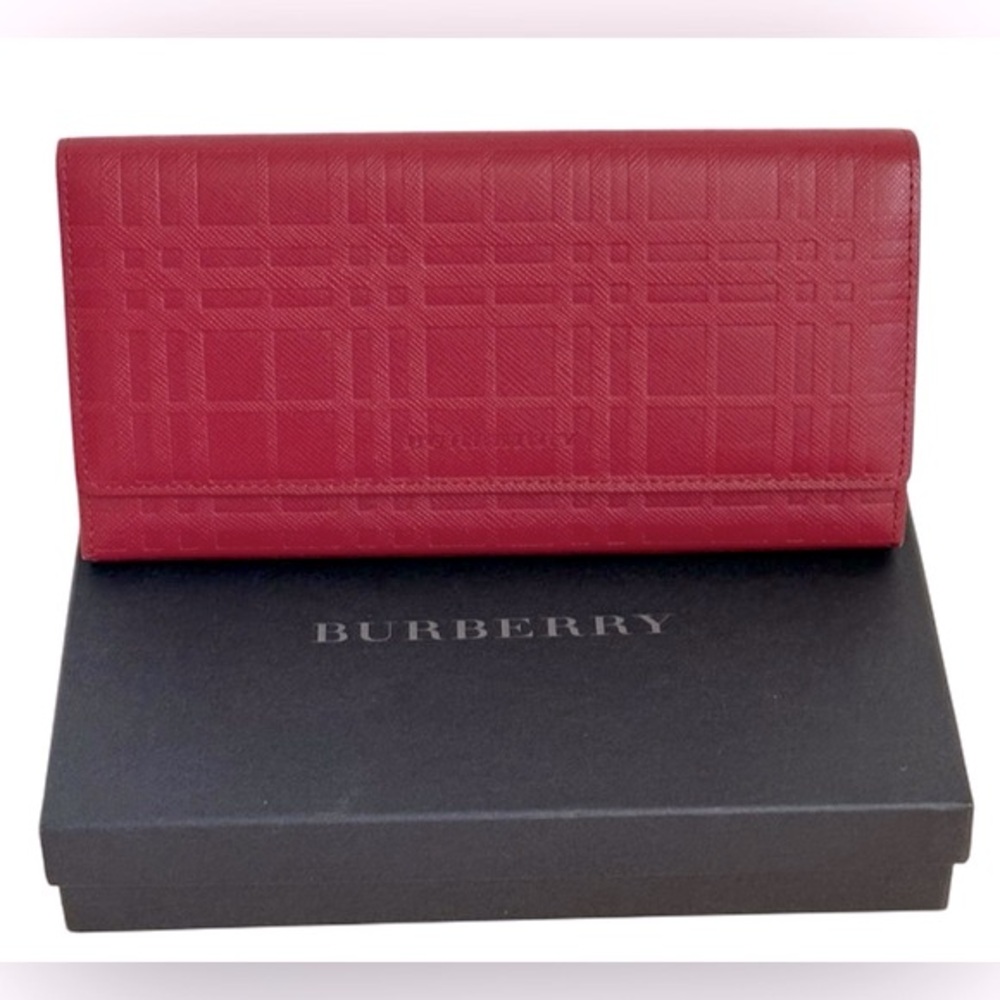 Burberry Embossed Leather Bi-Fold Long Wallet Red